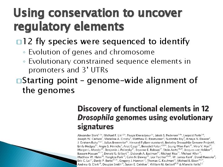 Using conservation to uncover regulatory elements � 12 fly species were sequenced to identify