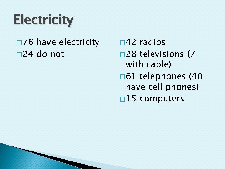 Electricity � 76 have electricity � 24 do not � 42 radios � 28