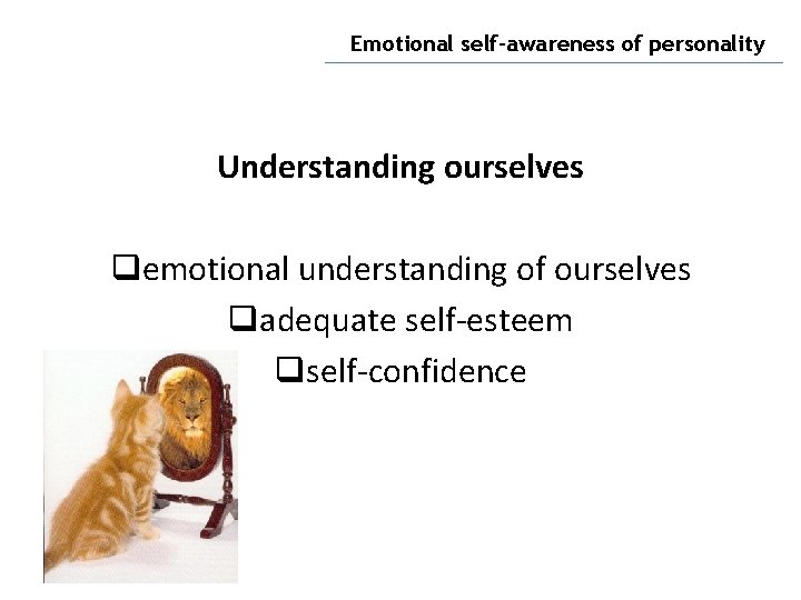 Emotional self-awareness of personality Understanding ourselves qemotional understanding of ourselves qadequate self-esteem qself-confidence 