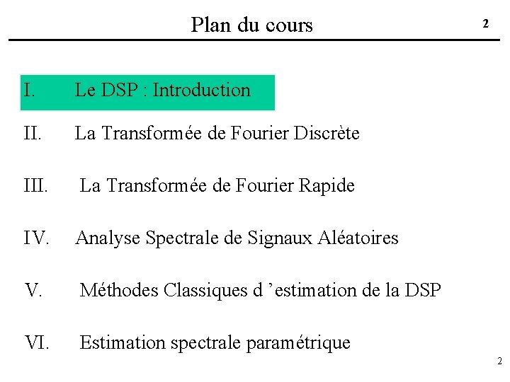 Plan du cours I. Le DSP : Introduction II. La Transformée de Fourier Discrète
