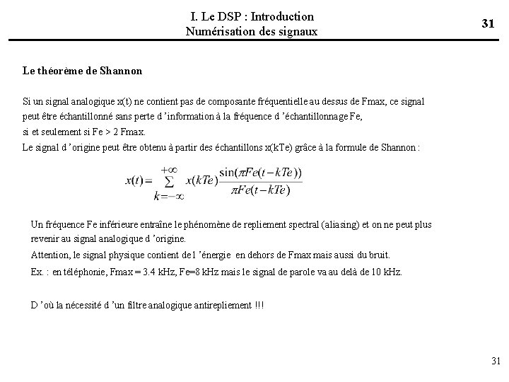 I. Le DSP : Introduction Numérisation des signaux 31 Le théorème de Shannon Si