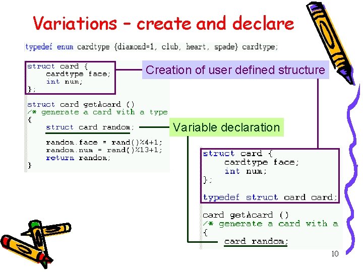 Variations – create and declare Creation of user defined structure Variable declaration 10 