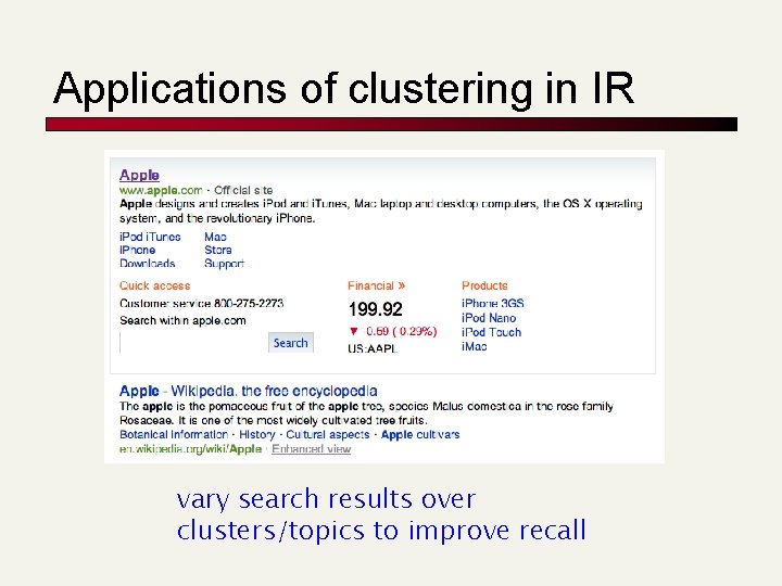 Applications of clustering in IR vary search results over clusters/topics to improve recall 