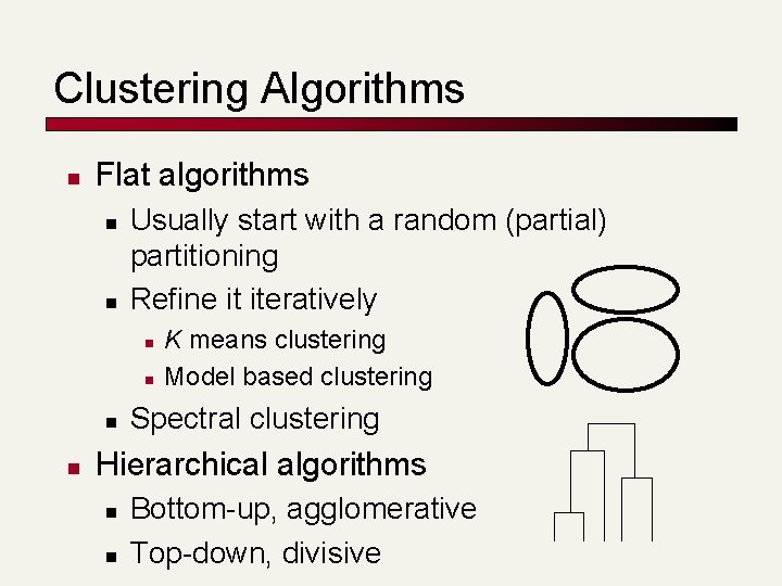 Clustering Algorithms n Flat algorithms n n Usually start with a random (partial) partitioning