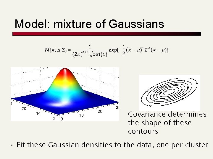 Model: mixture of Gaussians Covariance determines the shape of these contours • Fit these