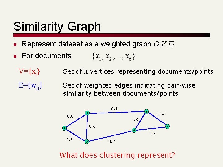 Similarity Graph n Represent dataset as a weighted graph G(V, E) n For documents