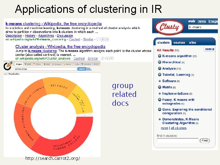 Applications of clustering in IR group related docs http: //search. carrot 2. org/ 