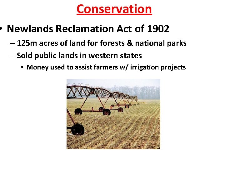 Conservation • Newlands Reclamation Act of 1902 – 125 m acres of land forests