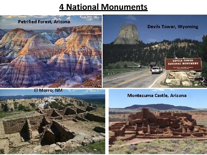 4 National Monuments Petrified Forest, Arizona El Morro, NM Devils Tower, Wyoming Montezuma Castle,