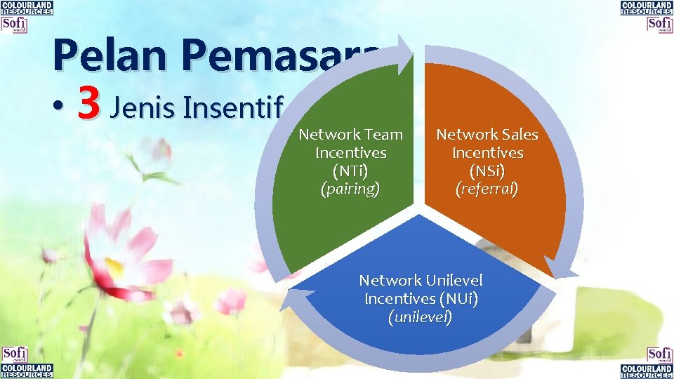 Pelan Pemasaran • 3 Jenis Insentif Network Team Incentives (NTi) (pairing) Network Sales Incentives