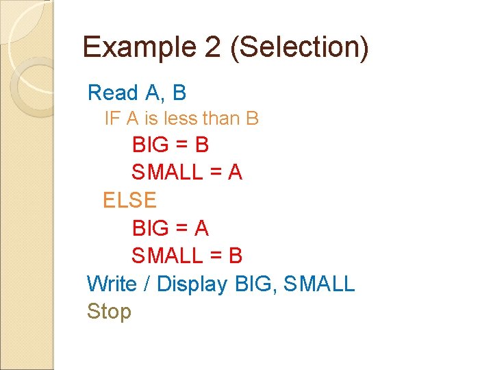 Example 2 (Selection) Read A, B IF A is less than B BIG =