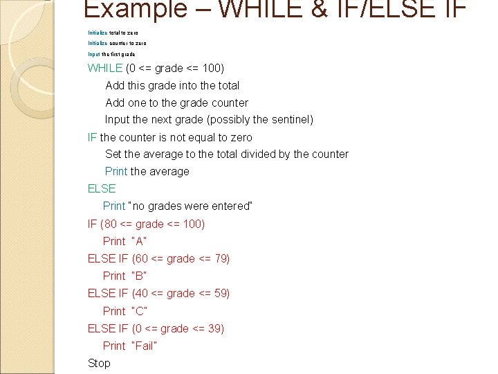 Example – WHILE & IF/ELSE IF Initialize total to zero Initialize counter to zero