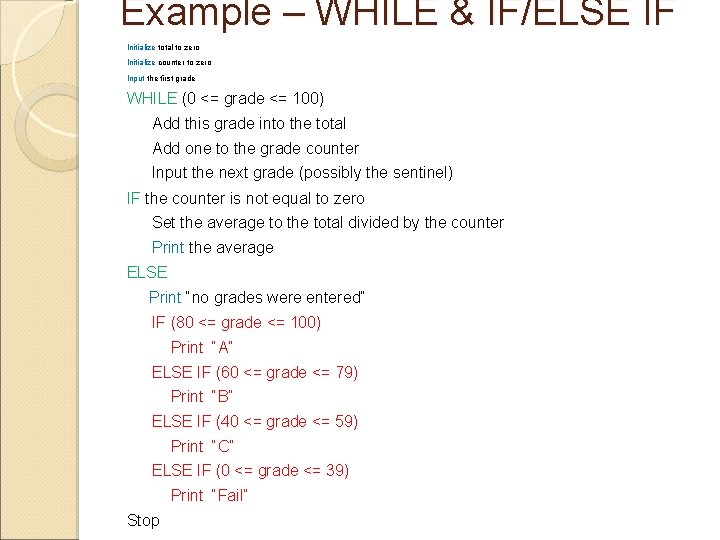 Example – WHILE & IF/ELSE IF Initialize total to zero Initialize counter to zero