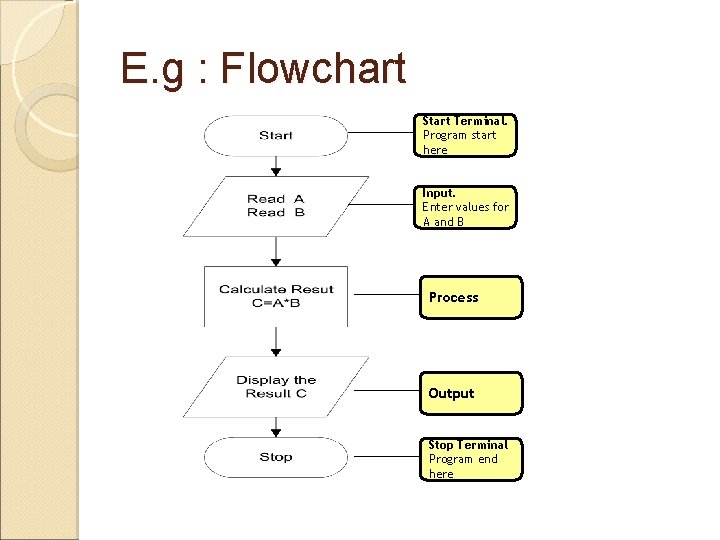 E. g : Flowchart Start Terminal. Program start here Input. Enter values for A