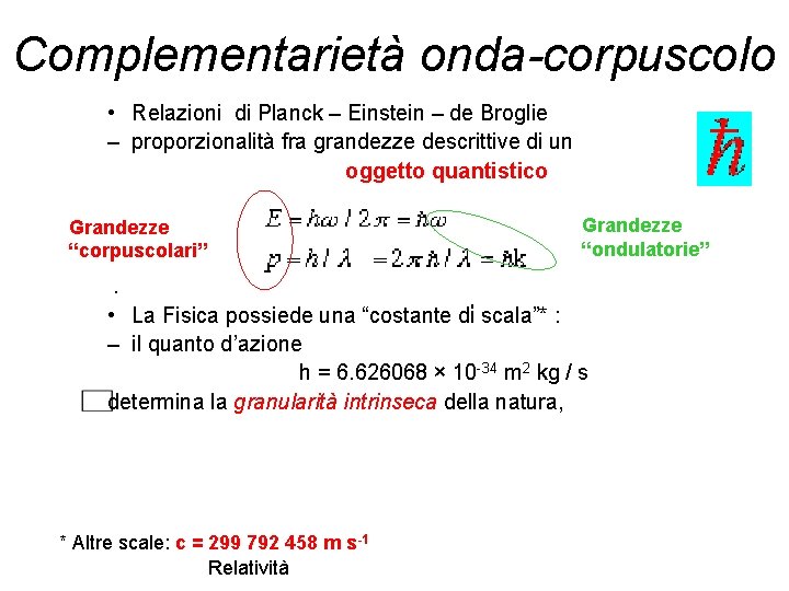 Complementarietà onda-corpuscolo • Relazioni di Planck – Einstein – de Broglie – proporzionalità fra