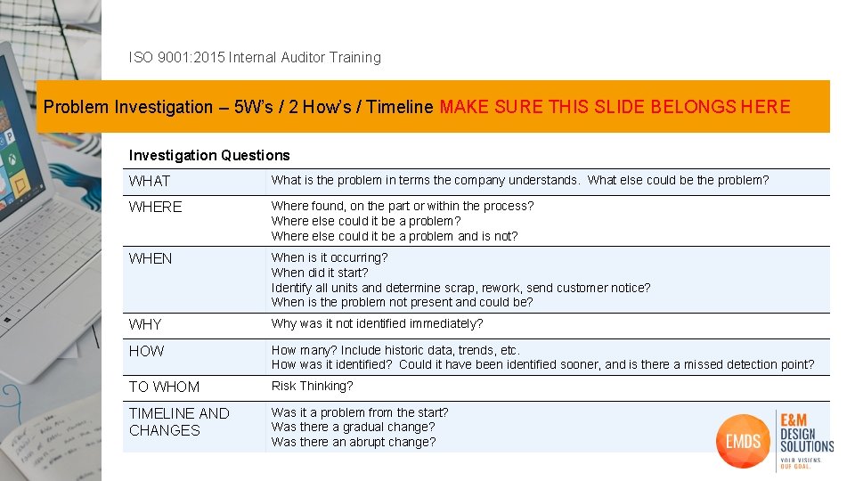 ISO 9001: 2015 Internal Auditor Training Problem Investigation – 5 W’s / 2 How’s
