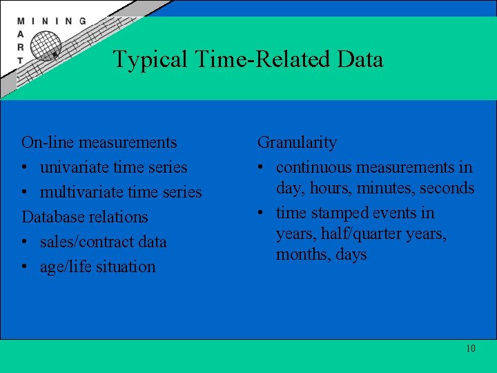 Typical Time-Related Data On-line measurements • univariate time series • multivariate time series Database