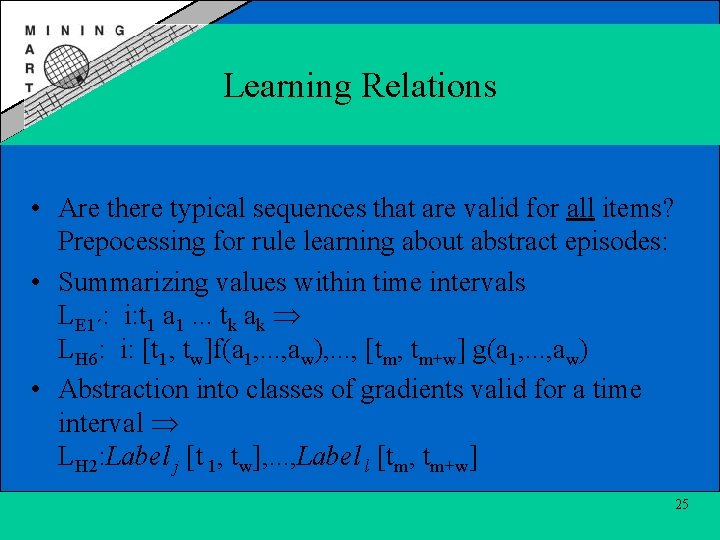 Learning Relations • Are there typical sequences that are valid for all items? Prepocessing