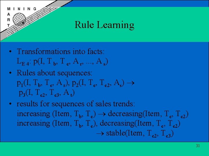 Rule Learning • Transformations into facts: LE 4: p(I, T b, T e, A