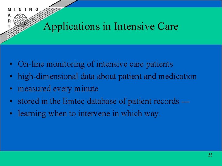 Applications in Intensive Care • • • On-line monitoring of intensive care patients high-dimensional