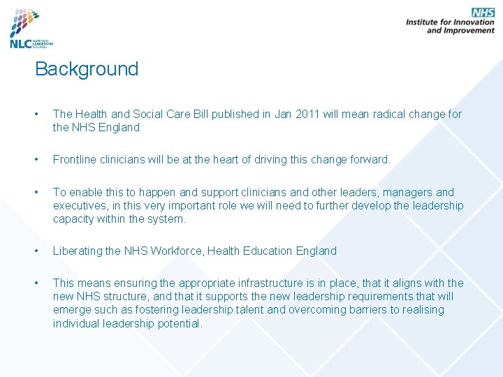 Background • The Health and Social Care Bill published in Jan 2011 will mean