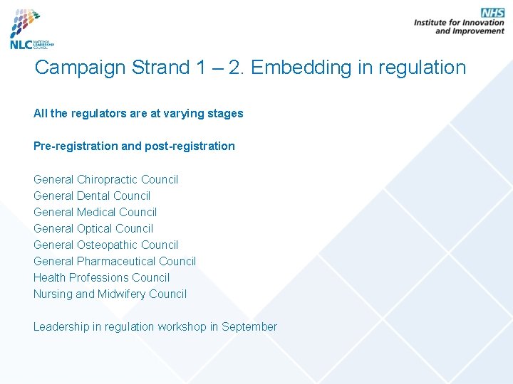 Campaign Strand 1 – 2. Embedding in regulation All the regulators are at varying