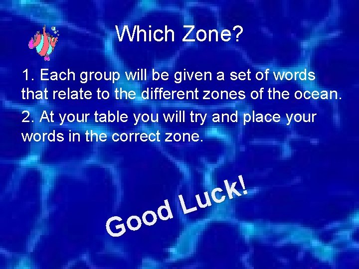 Which Zone? 1. Each group will be given a set of words that relate
