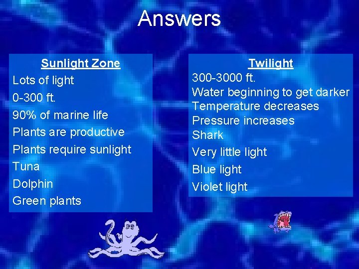 Answers Sunlight Zone Lots of light 0 -300 ft. 90% of marine life Plants