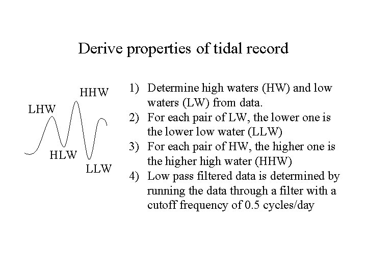 Derive properties of tidal record HHW LHW HLW LLW 1) Determine high waters (HW)
