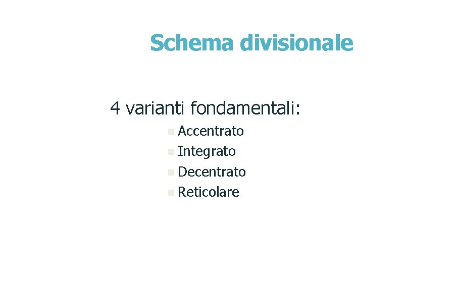 Schema divisionale 4 varianti fondamentali: n Accentrato n Integrato n Decentrato n Reticolare 