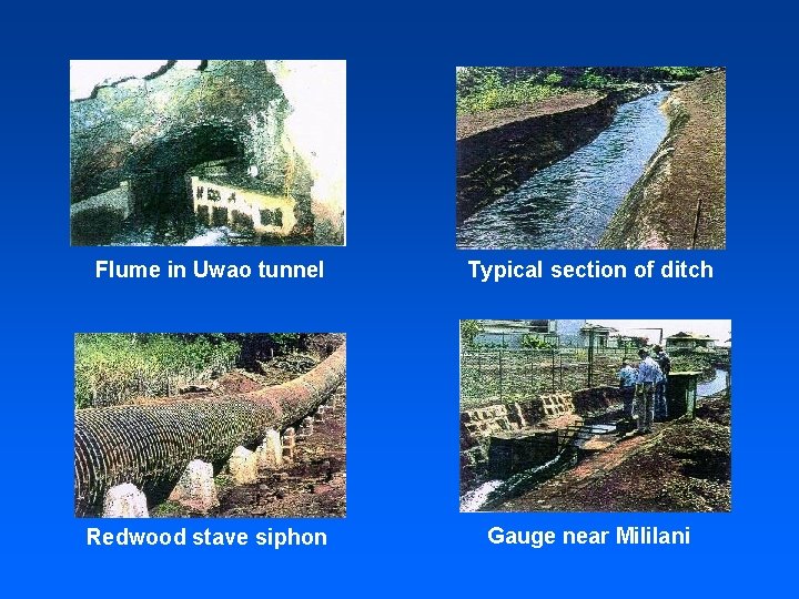 Flume in Uwao tunnel Typical section of ditch Redwood stave siphon Gauge near Mililani