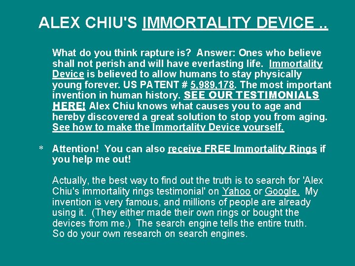 ALEX CHIU'S IMMORTALITY DEVICE. . What do you think rapture is? Answer: Ones who