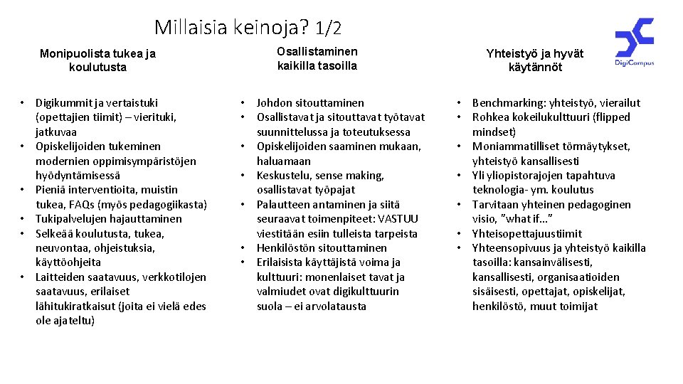 Millaisia keinoja? 1/2 Monipuolista tukea ja koulutusta • Digikummit ja vertaistuki (opettajien tiimit) –