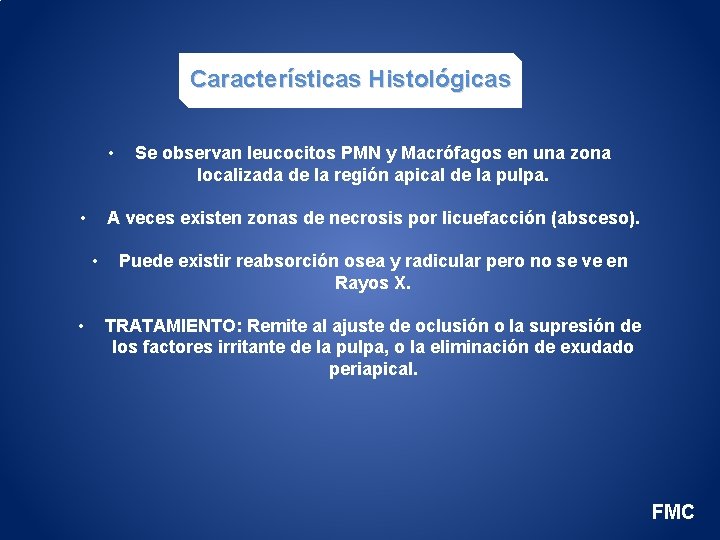 Características Histológicas • • A veces existen zonas de necrosis por licuefacción (absceso). •