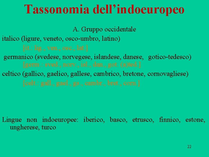 Tassonomia dell’indoeuropeo A. Gruppo occidentale italico (ligure, veneto, osco umbro, latino) [it. : lig.