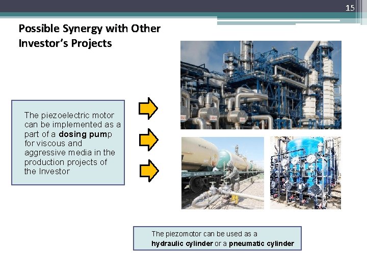 15 Possible Synergy with Other Investor’s Projects The piezoelectric motor can be implemented as