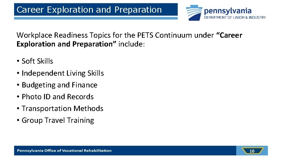 Career Exploration and Preparation Workplace Readiness Topics for the PETS Continuum under “Career Exploration