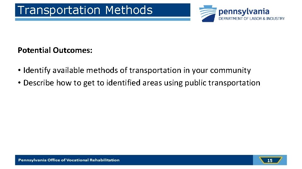 Transportation Methods Potential Outcomes: • Identify available methods of transportation in your community •