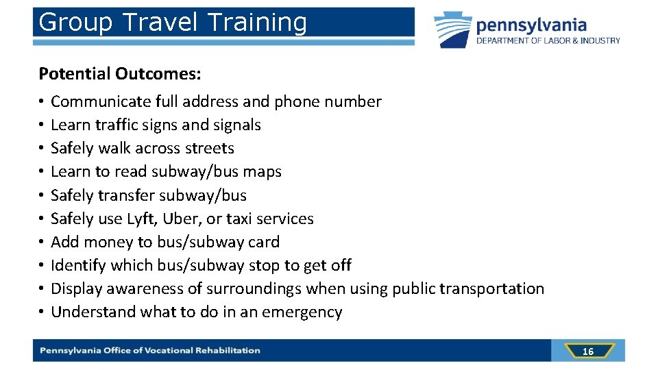 Group Travel Training Potential Outcomes: • • • Communicate full address and phone number