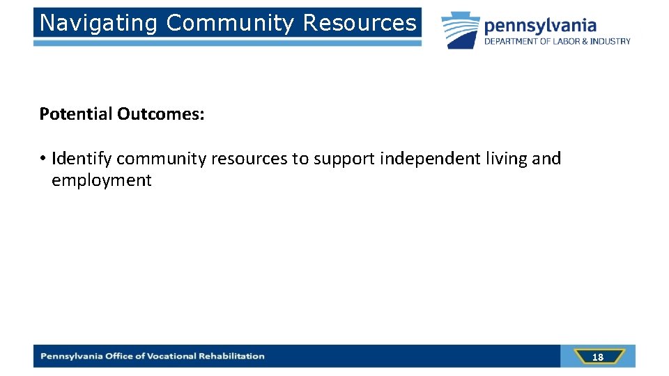 Navigating Community Resources Potential Outcomes: • Identify community resources to support independent living and
