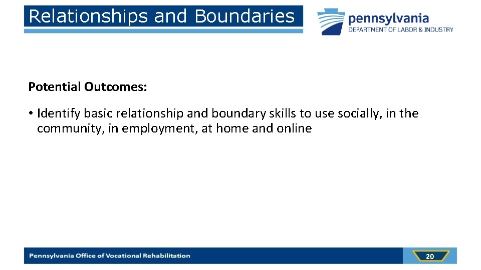 Relationships and Boundaries Potential Outcomes: • Identify basic relationship and boundary skills to use