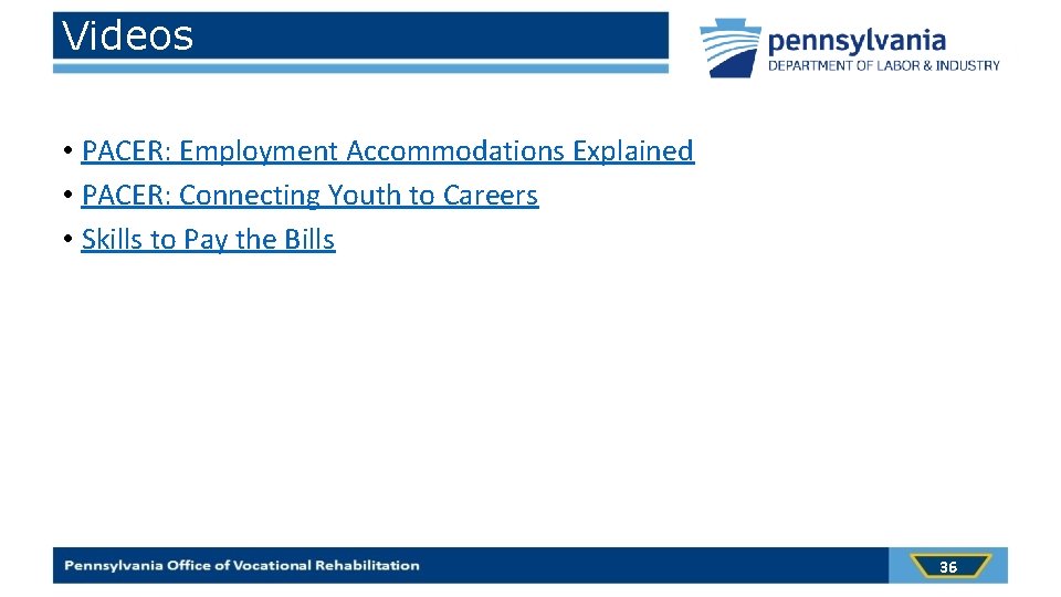 Videos • PACER: Employment Accommodations Explained • PACER: Connecting Youth to Careers • Skills