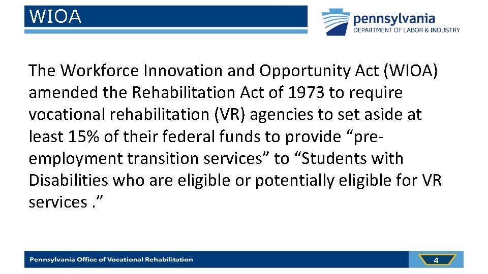 WIOA The Workforce Innovation and Opportunity Act (WIOA) amended the Rehabilitation Act of 1973