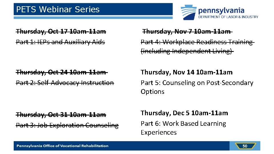 PETS Webinar Series Thursday, Oct 17 10 am-11 am Part 1: IEPs and Auxiliary