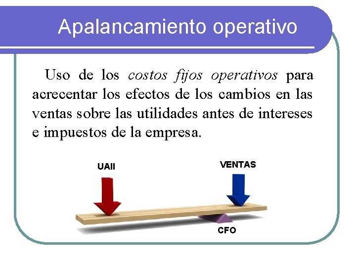 Apalancamiento operativo Uso de los costos fijos operativos para acrecentar los efectos de los