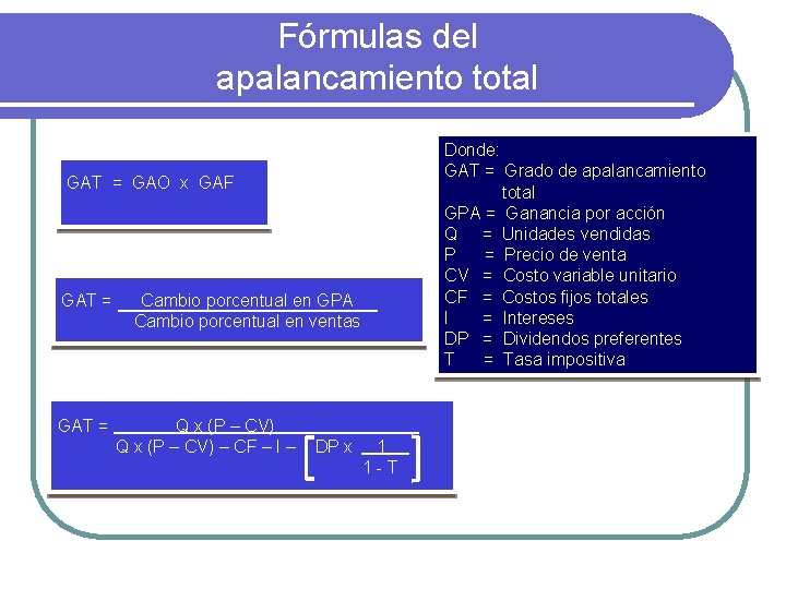 Fórmulas del apalancamiento total Donde: GAT = Grado de apalancamiento total GPA = Ganancia