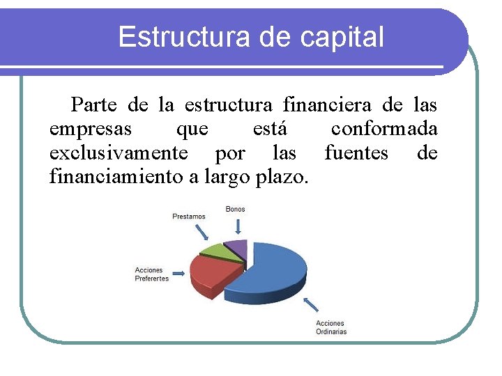 Estructura de capital Parte de la estructura financiera de las empresas que está conformada