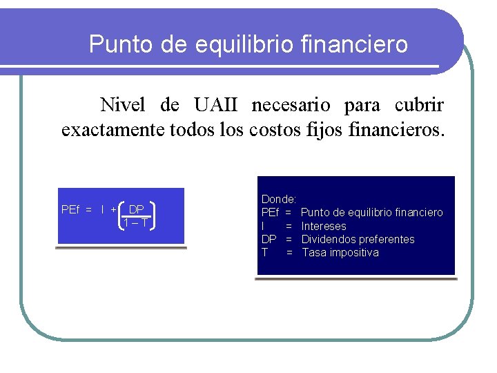 Punto de equilibrio financiero Nivel de UAII necesario para cubrir exactamente todos los costos