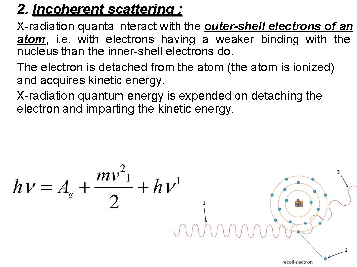 2. Incoherent scattering : X-radiation quanta interact with the outer-shell electrons of an atom,