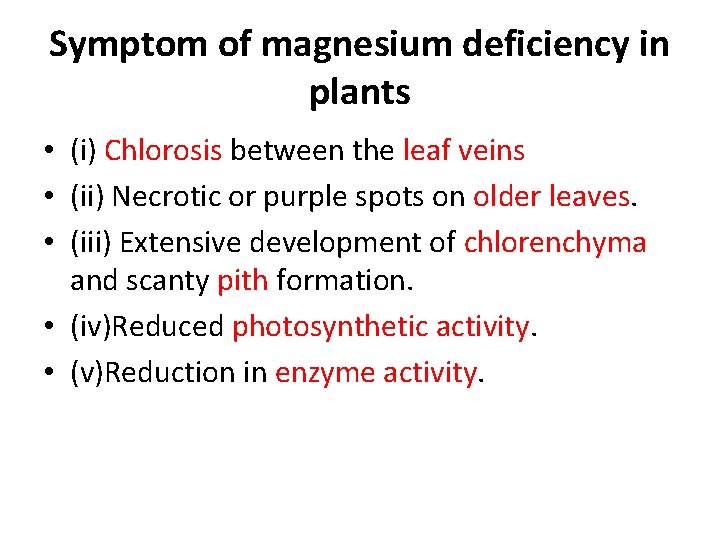 Symptom of magnesium deficiency in plants • (i) Chlorosis between the leaf veins •